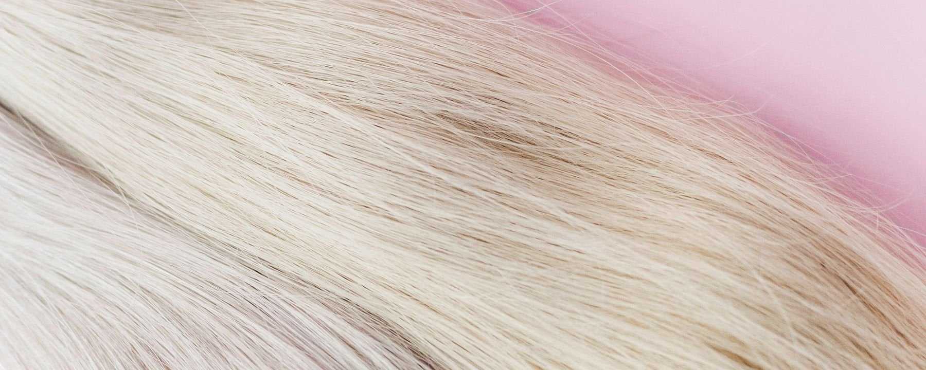 Blonde and platinum hair extensions on a pink background.